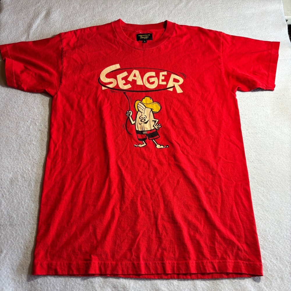 Seager Mens Red Graphic T Shirt Cartoon Character‎ Cowboy Hat Size L